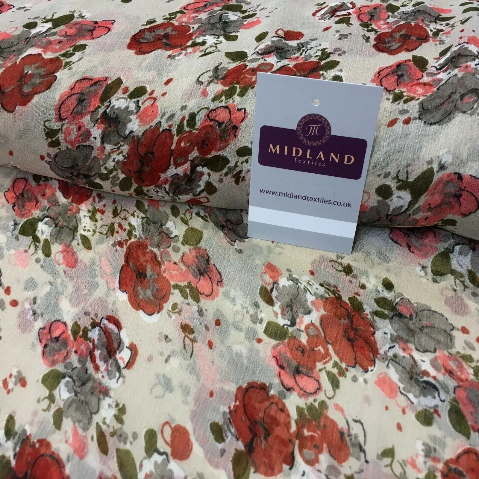 Beige Red Vintage Floral Crinkle Georgette Chiffon Fabric 150cm Wide MK1090-5
