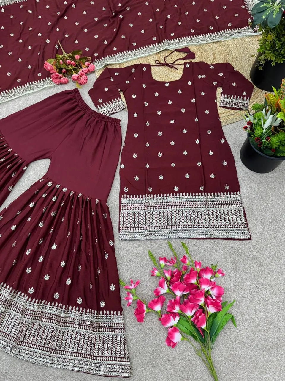 Charming Maroon Colored Pure Chinon With Heavy Embroidery Sequins Work Sharara Suits With Dupatta