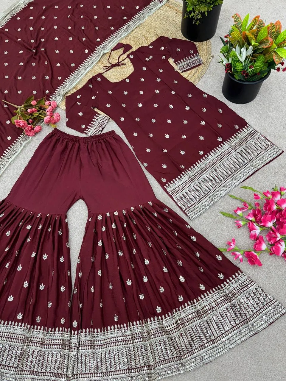 Charming Maroon Colored Pure Chinon With Heavy Embroidery Sequins Work Sharara Suits With Dupatta
