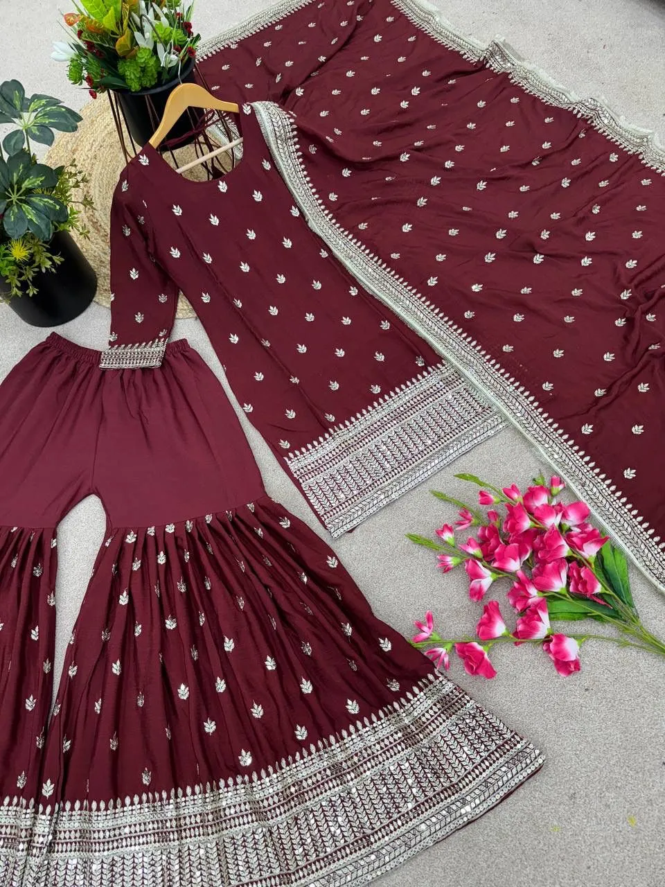 Charming Maroon Colored Pure Chinon With Heavy Embroidery Sequins Work Sharara Suits With Dupatta