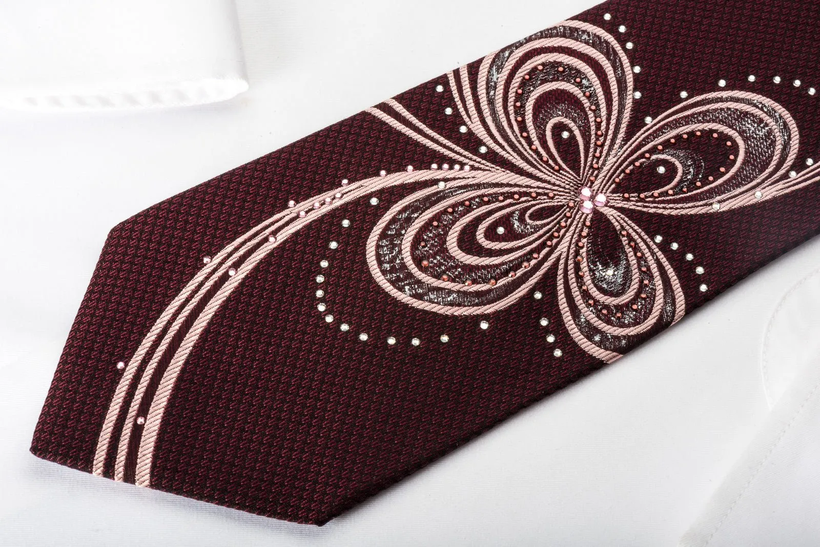 Daniel Hechter Rhinestone Necktie Abstract Floral On Brown Silk
