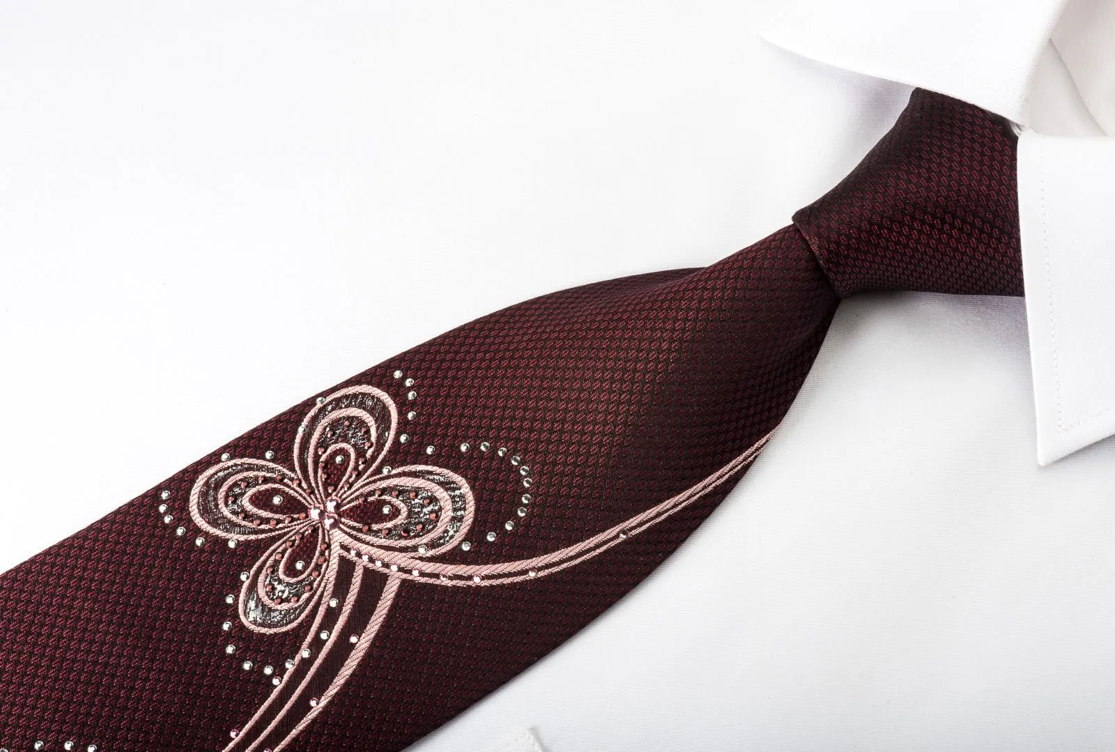 Daniel Hechter Rhinestone Necktie Abstract Floral On Brown Silk