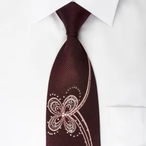 Daniel Hechter Rhinestone Necktie Abstract Floral On Brown Silk