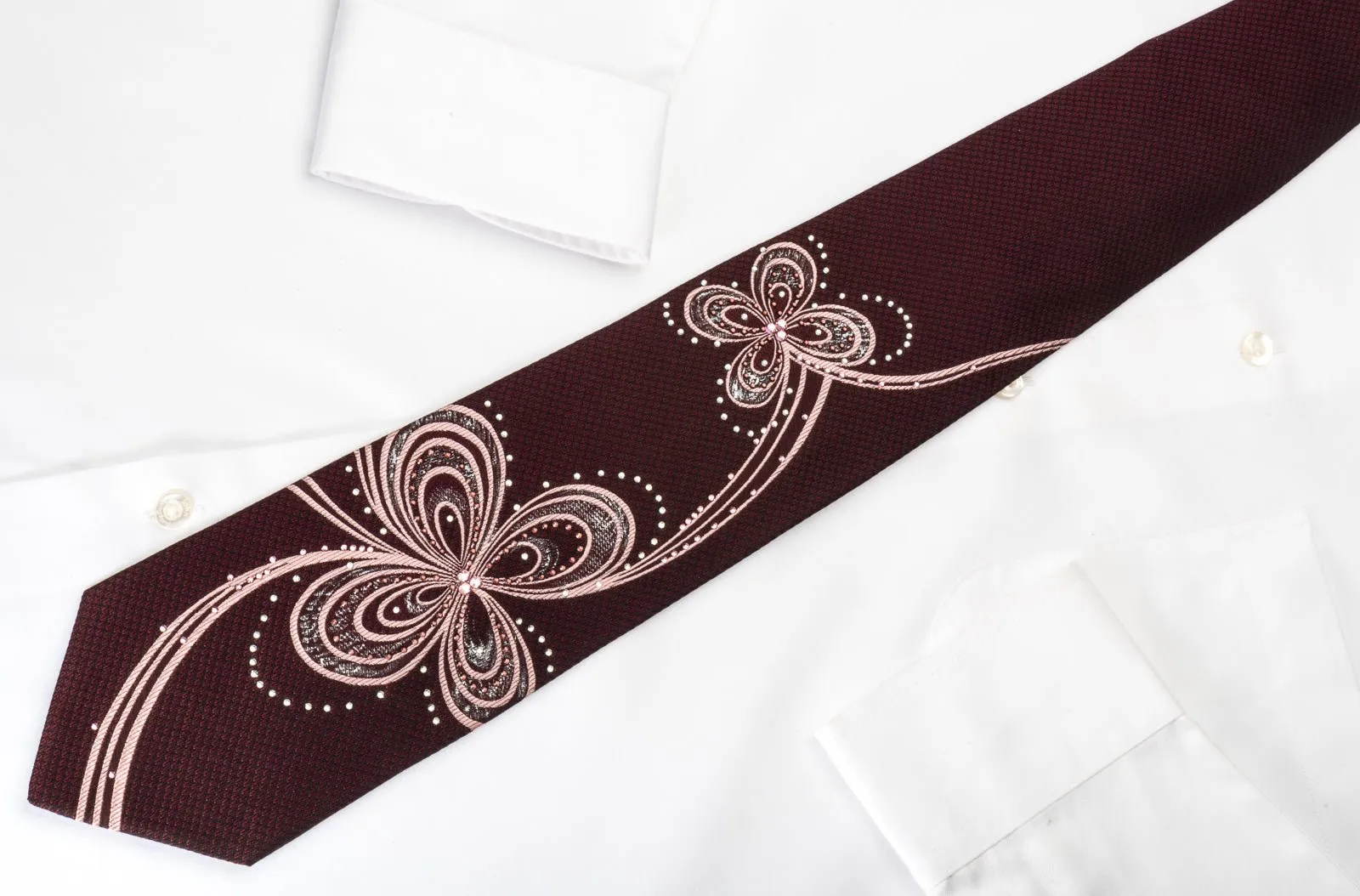 Daniel Hechter Rhinestone Necktie Abstract Floral On Brown Silk