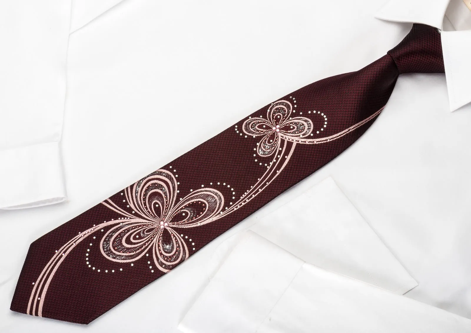 Daniel Hechter Rhinestone Necktie Abstract Floral On Brown Silk