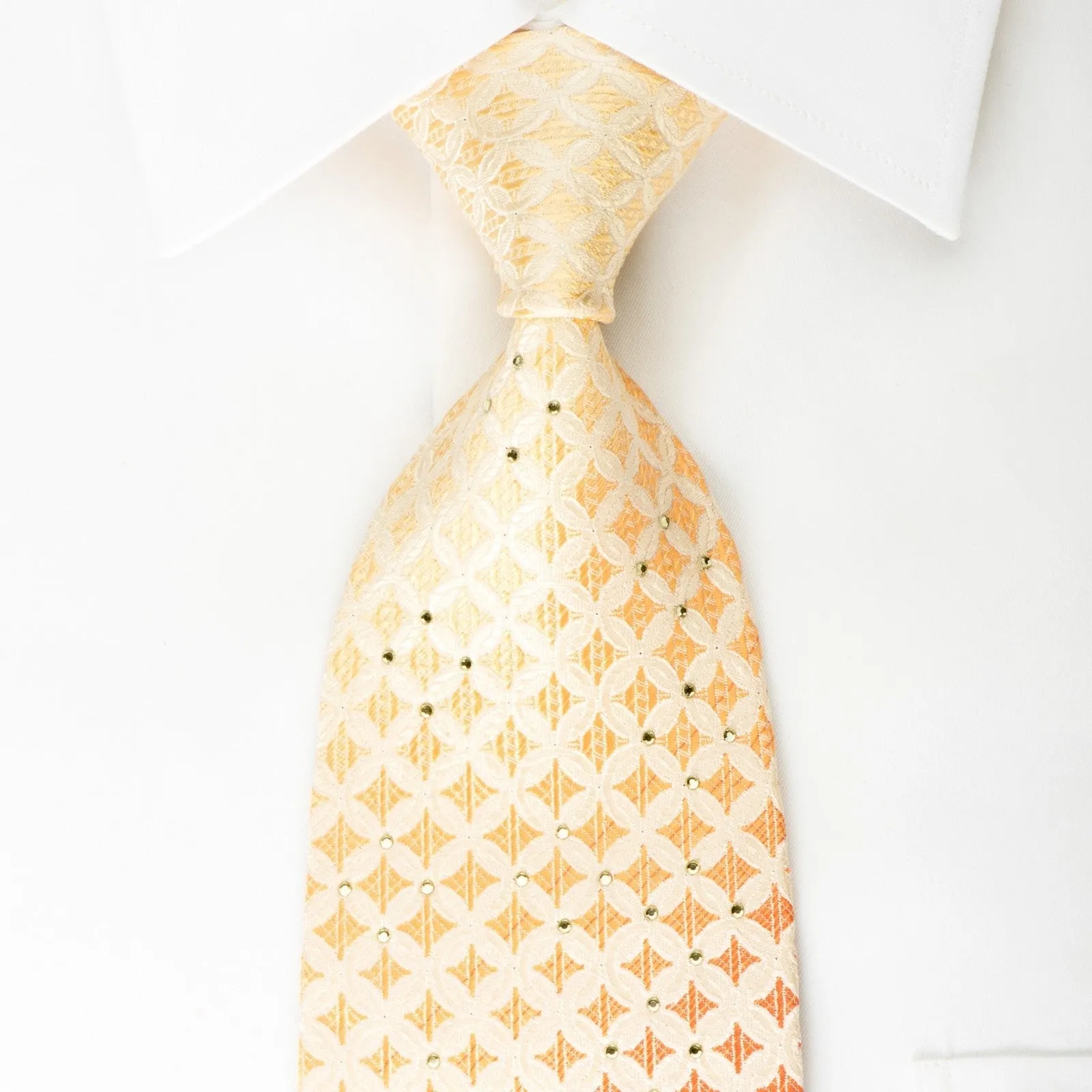 Elle Homme Rhinestone Silk Necktie Interlocking Circles On White With Silver Sparkles