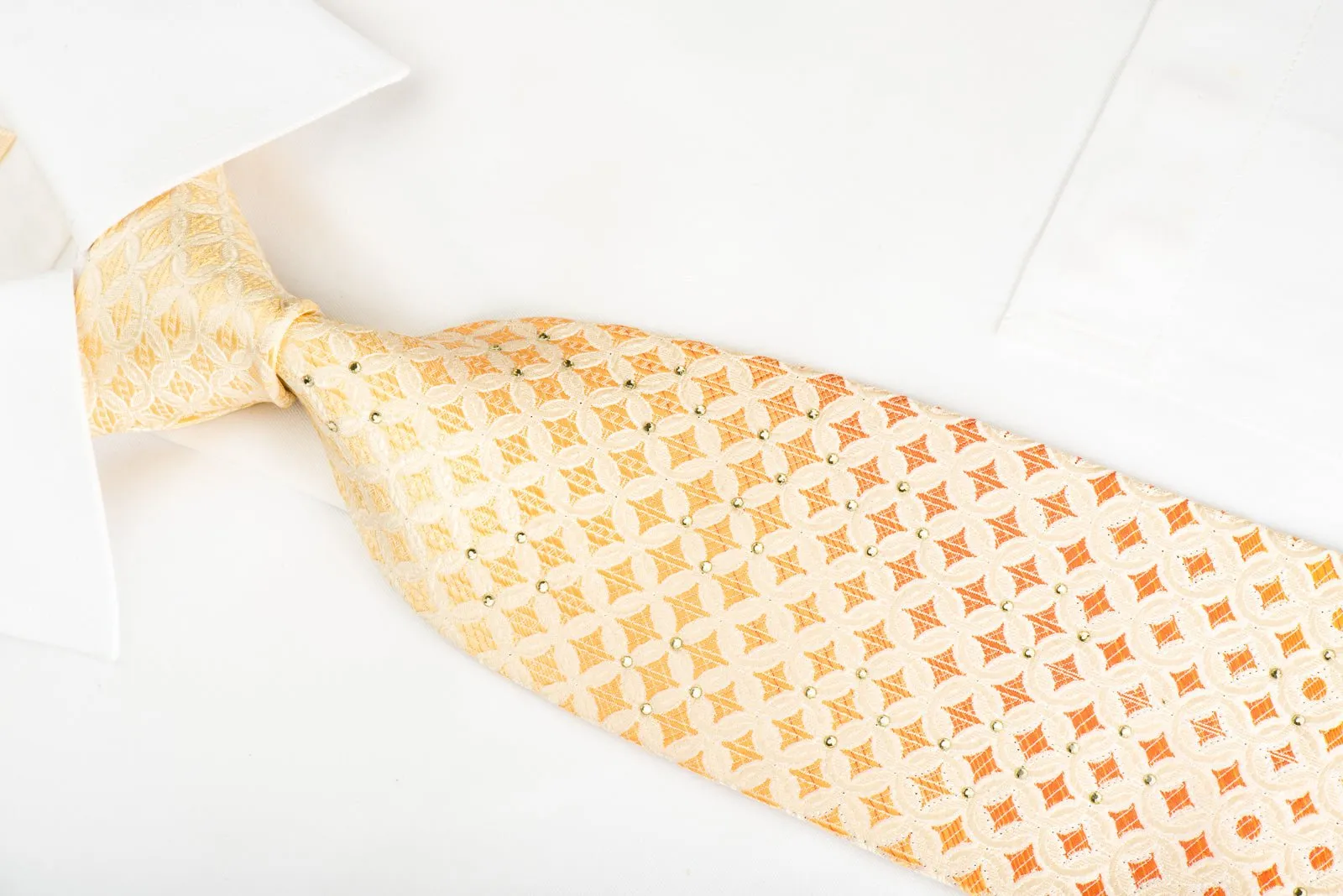 Elle Homme Rhinestone Silk Necktie Interlocking Circles On White With Silver Sparkles