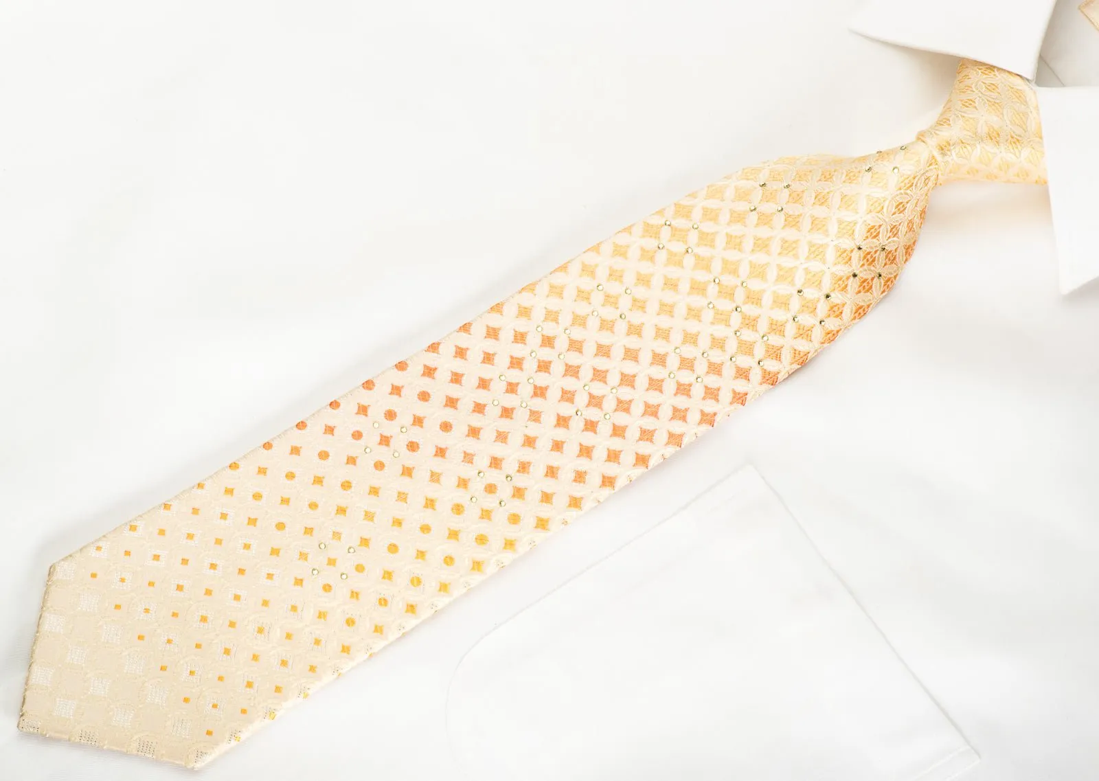 Elle Homme Rhinestone Silk Necktie Interlocking Circles On White With Silver Sparkles