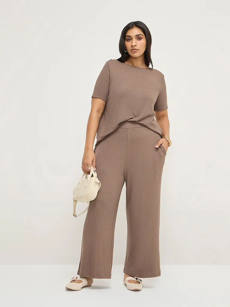 Gia Dark Brown Ribbed-Textured T-Shirt