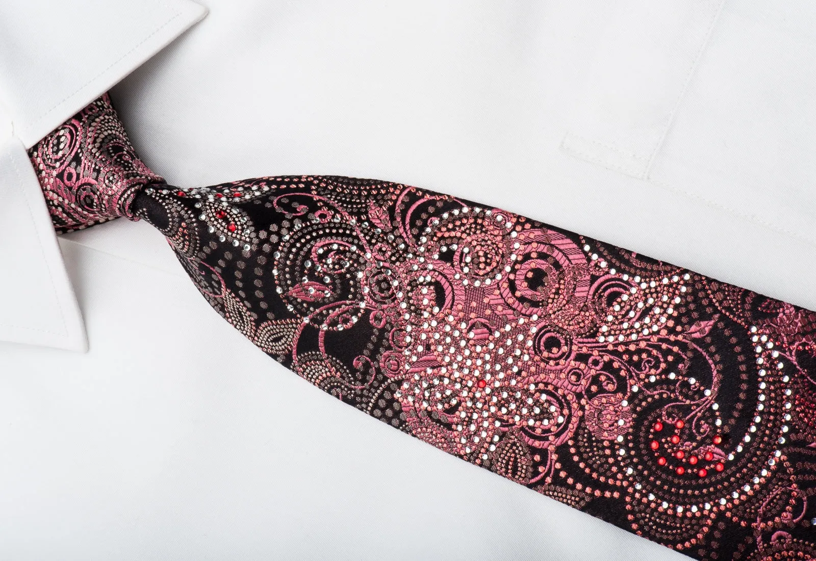 Grand Jour Mens Crystal Necktie Burgundy Floral On Black With Red Sparkles