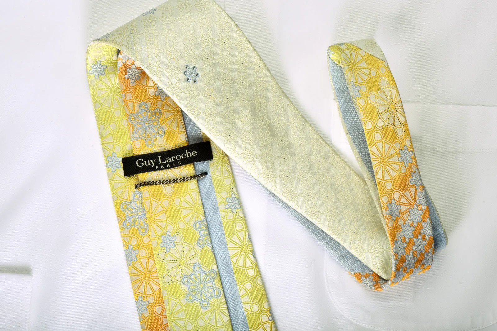 Guy Laroche Rhinestone Silk Necktie Silver Geometric On Yellow Orange With Silver Sparkles