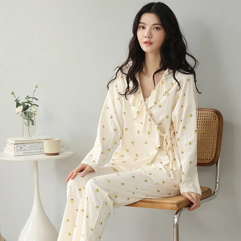 High Quality Women's Pajamas Set Kimono Ins Style Sleepwear Cotton Casual Homewear V Neck 2pcs Nightgown пижама женская