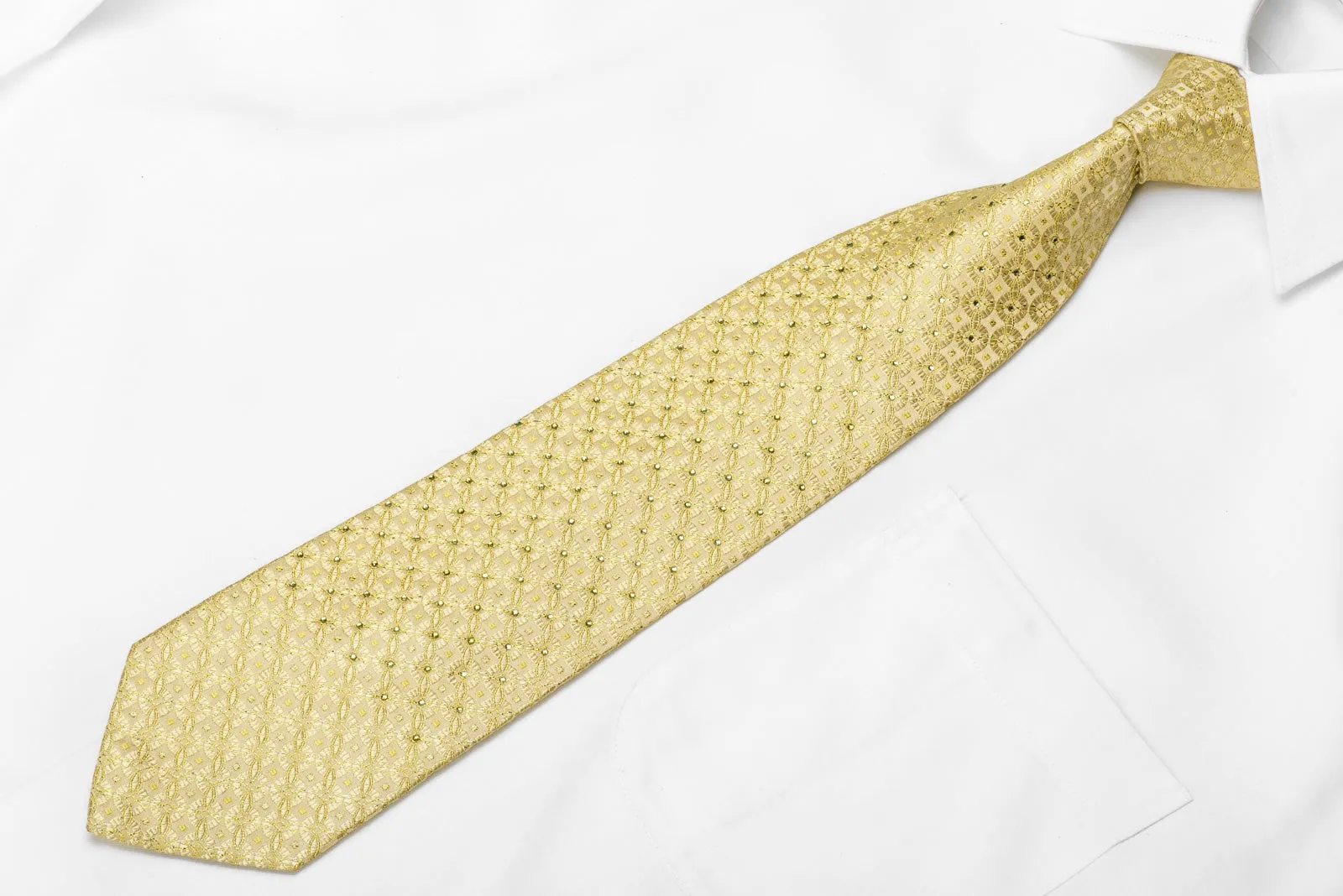 Huey Men's Crystal Silk Tie Geometric Medallions On Golden With Gold Sparkles