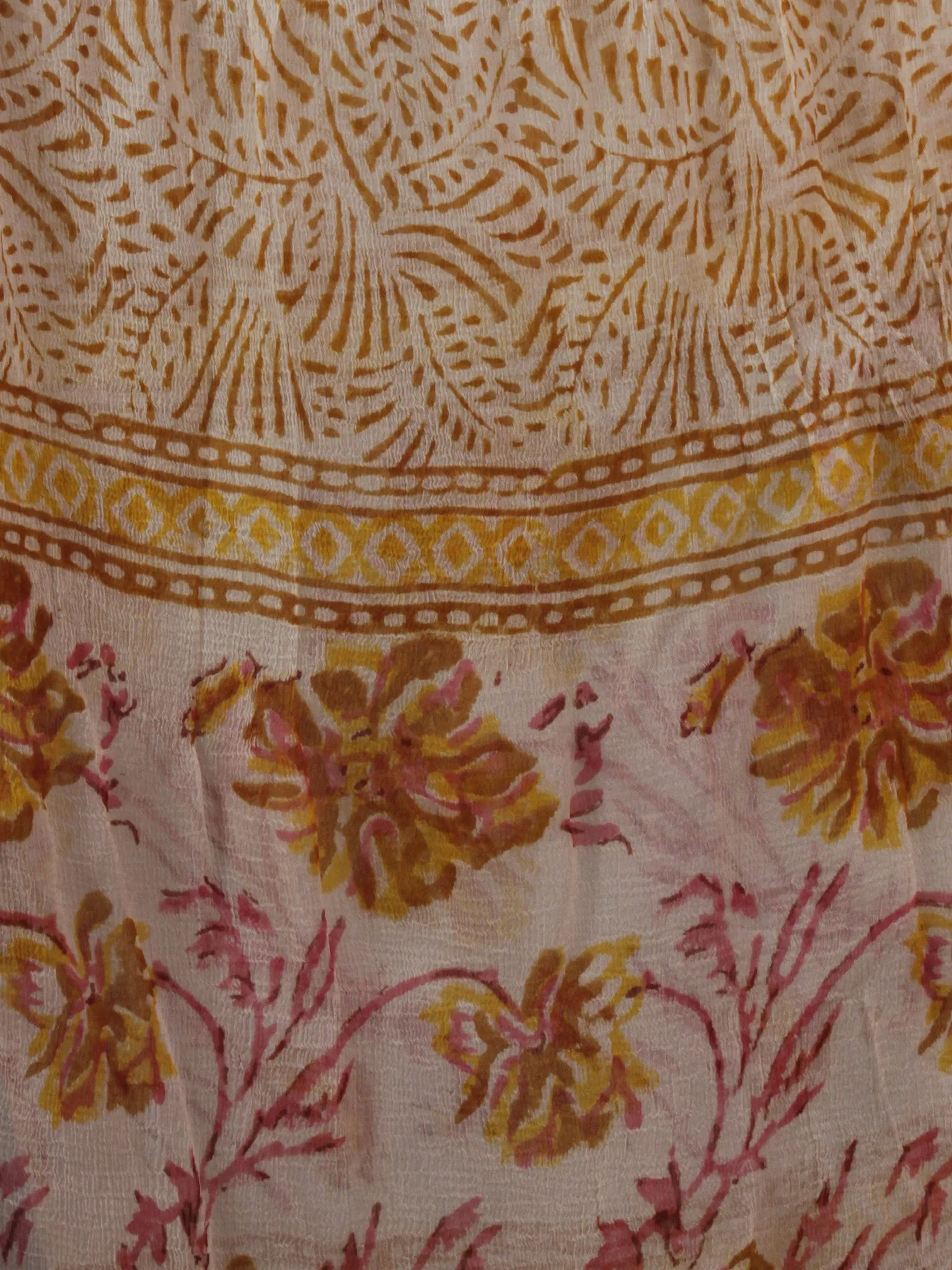Ivory Yellow Pink Hand Block Printed Cotton Suit-Salwar Fabric With Chiffon Dupatta (Set of 3) - S16281284