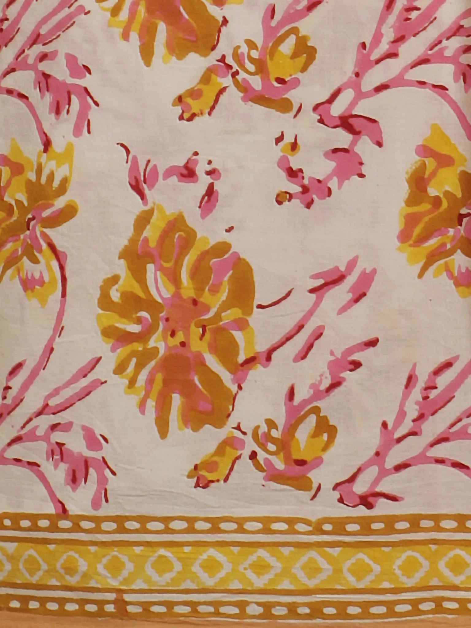 Ivory Yellow Pink Hand Block Printed Cotton Suit-Salwar Fabric With Chiffon Dupatta (Set of 3) - S16281284