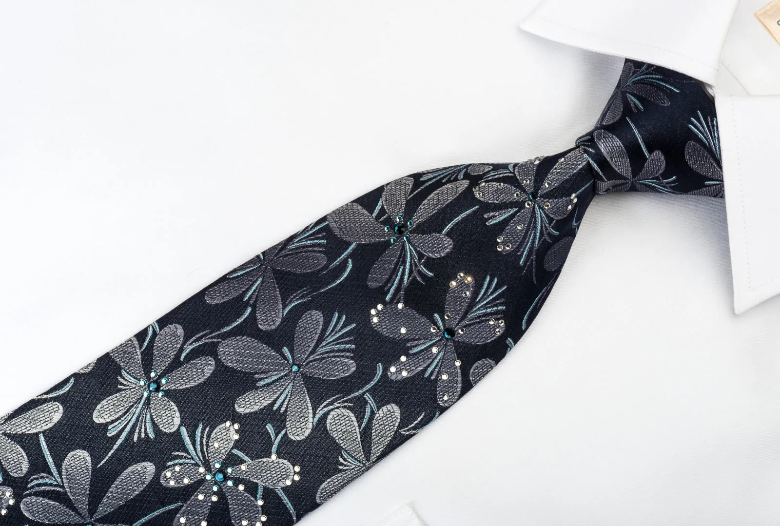 Lancetti Silk Necktie Silver Floral On Black With Sparkling Rhinestones