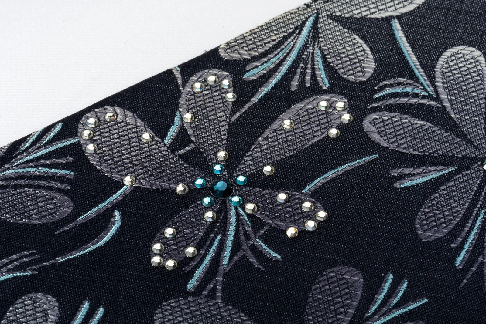 Lancetti Silk Necktie Silver Floral On Black With Sparkling Rhinestones