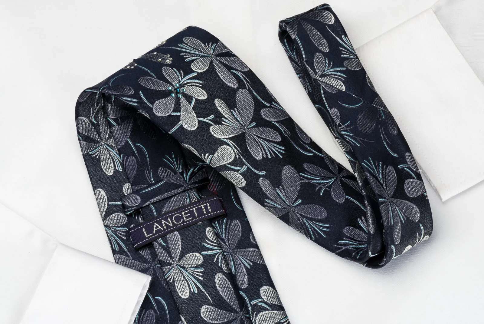 Lancetti Silk Necktie Silver Floral On Black With Sparkling Rhinestones
