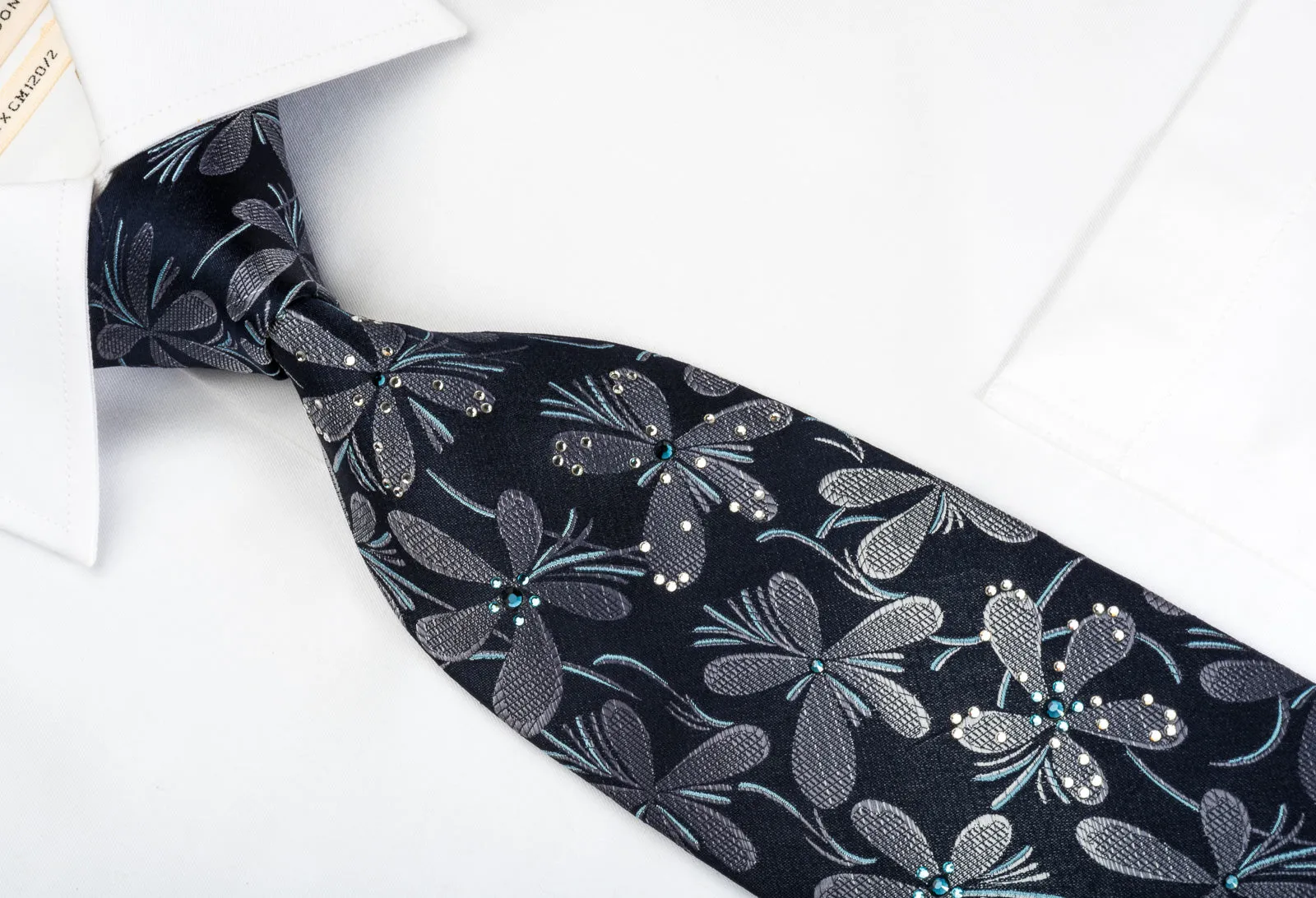 Lancetti Silk Necktie Silver Floral On Black With Sparkling Rhinestones
