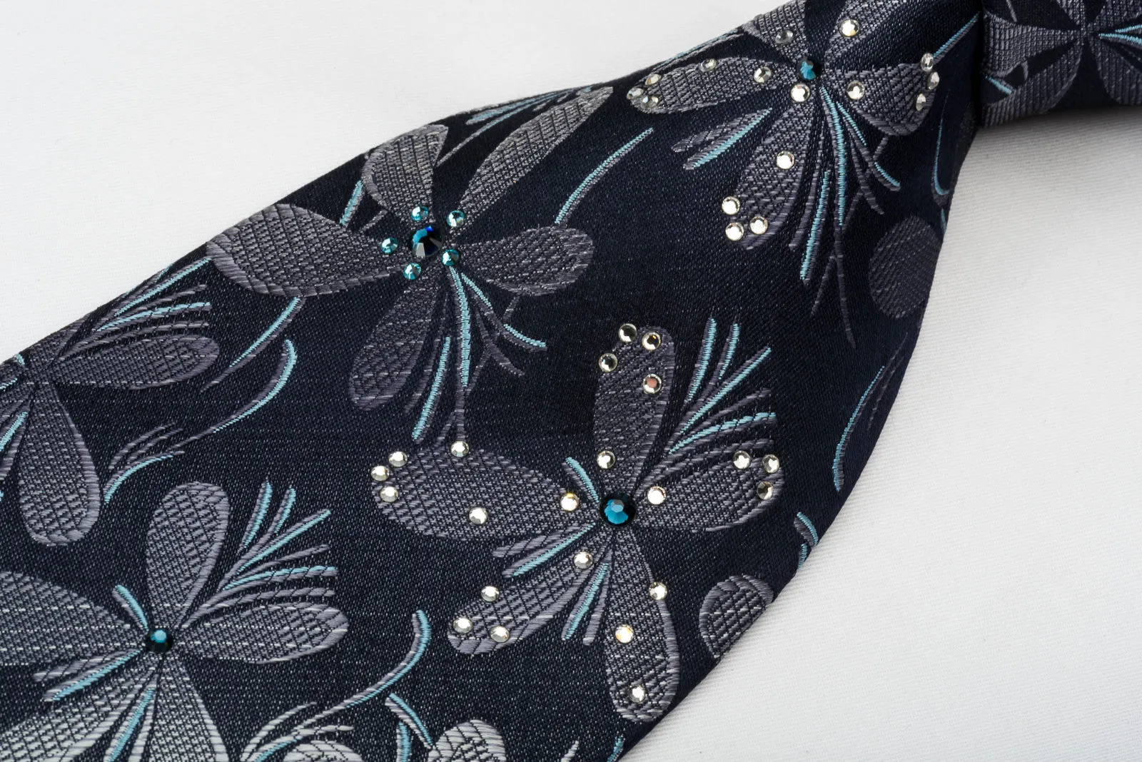 Lancetti Silk Necktie Silver Floral On Black With Sparkling Rhinestones