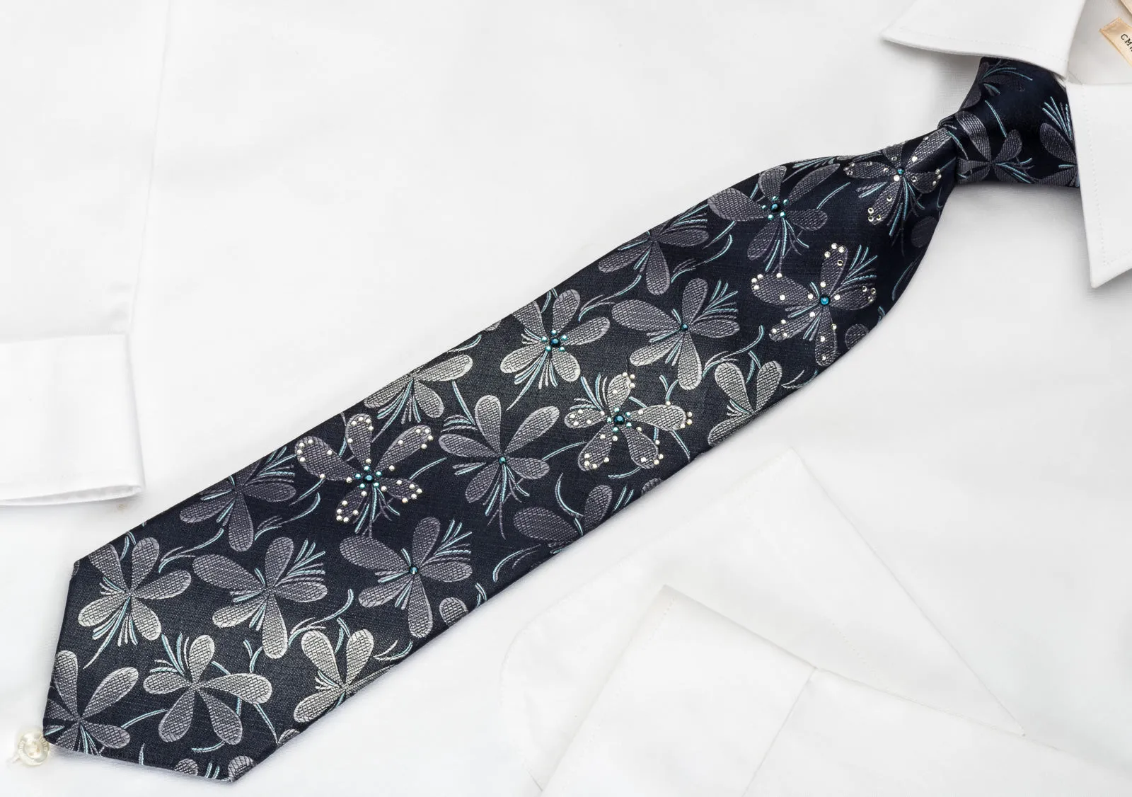 Lancetti Silk Necktie Silver Floral On Black With Sparkling Rhinestones