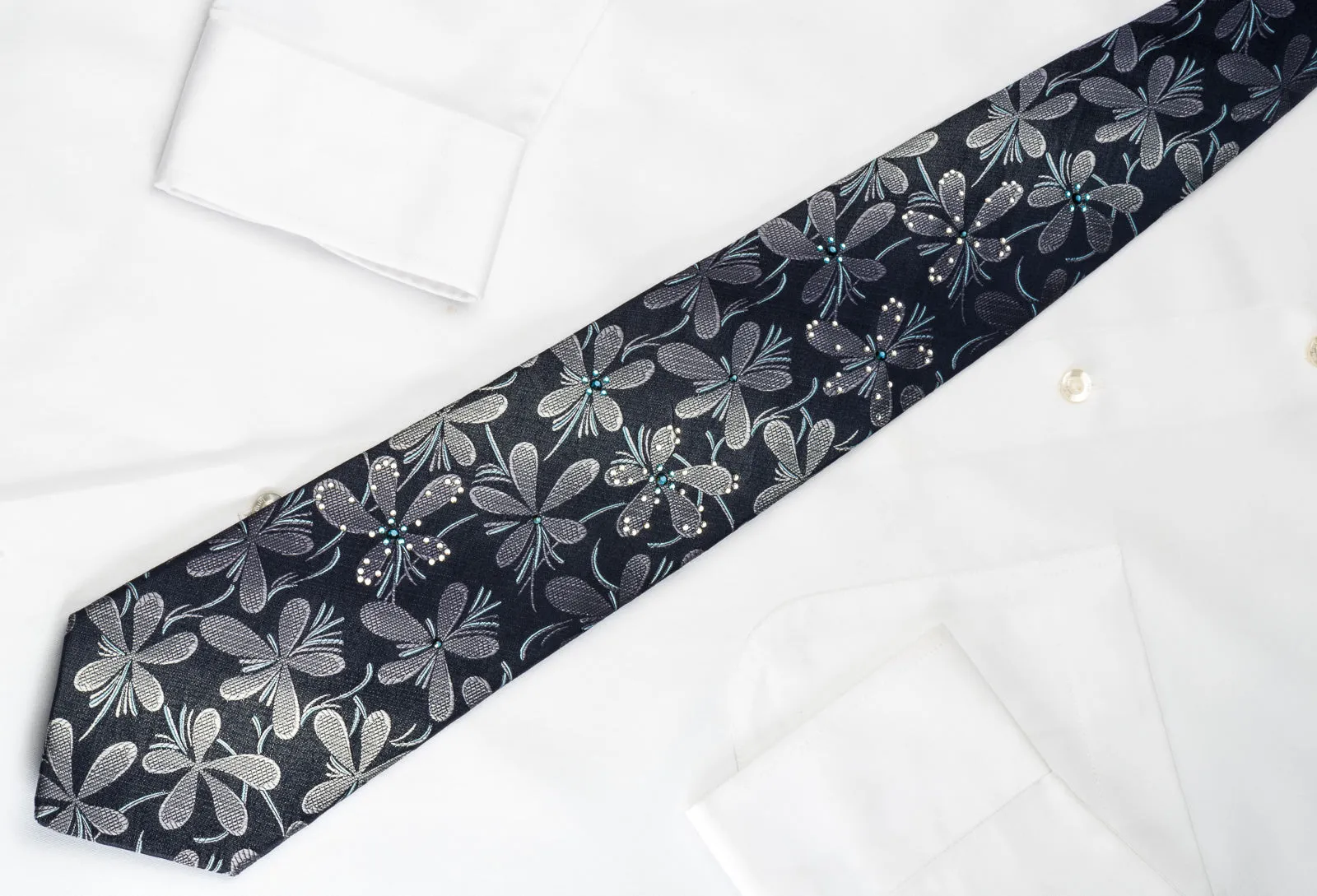 Lancetti Silk Necktie Silver Floral On Black With Sparkling Rhinestones