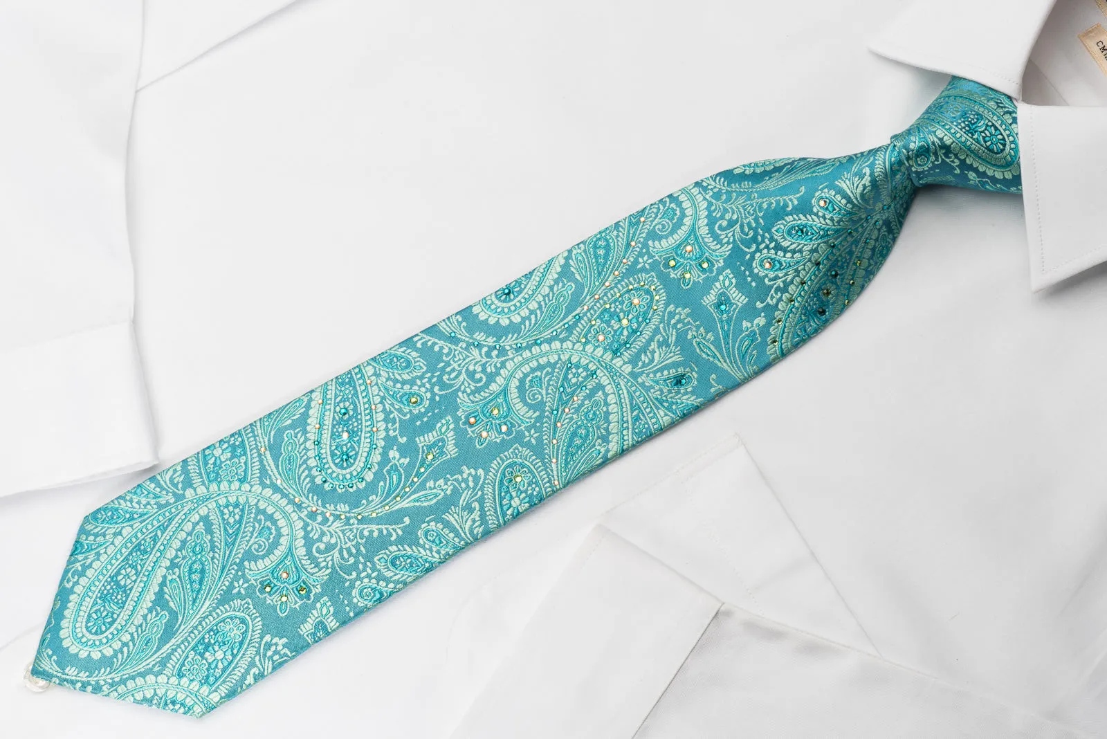 Mila Schon Rhinestone Necktie Turquoise Paisley With Silver Sparkles