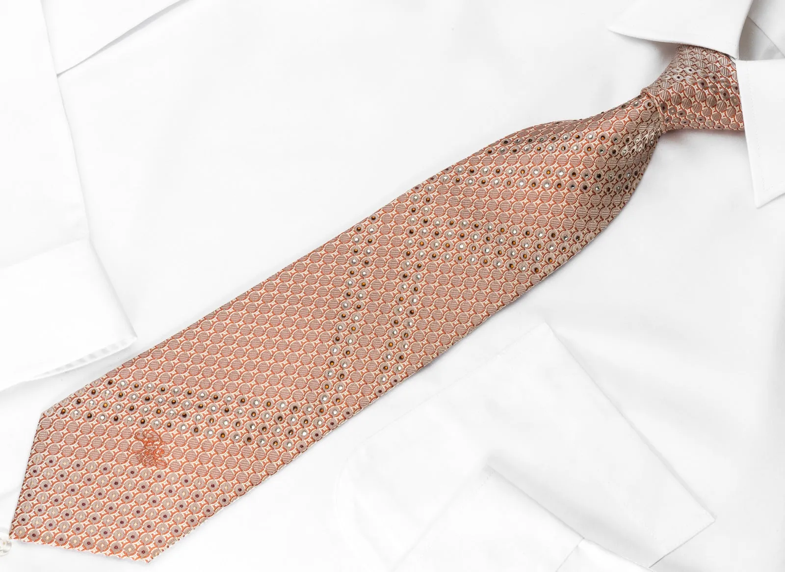 Nina Ricci Silk Tie Geometric Dots On Peach With Rhinestones