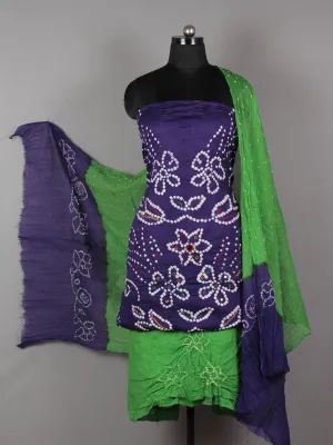 Purple Green Indigo White Hand Tie & Dye Bandhej Suit Salwar Dupatta (Set of 3) With Hand Embroidery & Mirror Work - S16281252