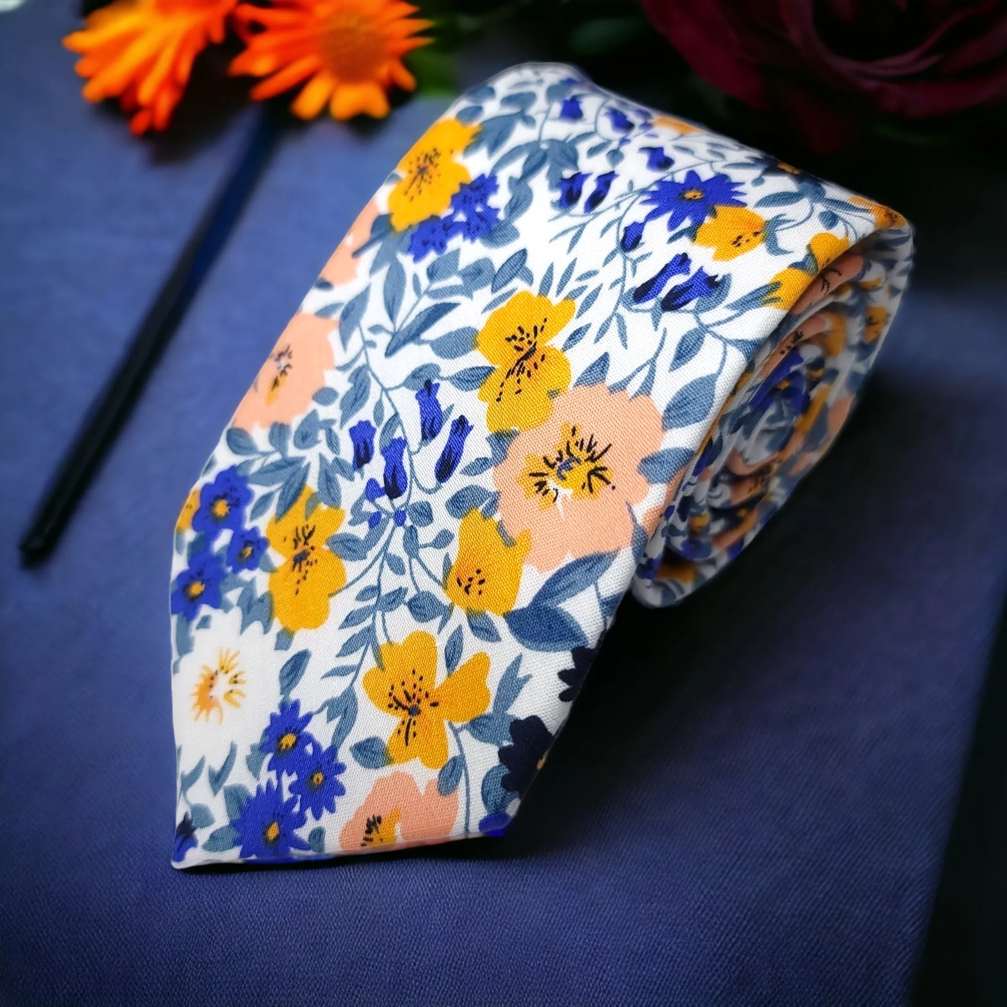 White Floral Pink Blue Leaf tie