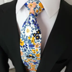 White Floral Pink Blue Leaf tie