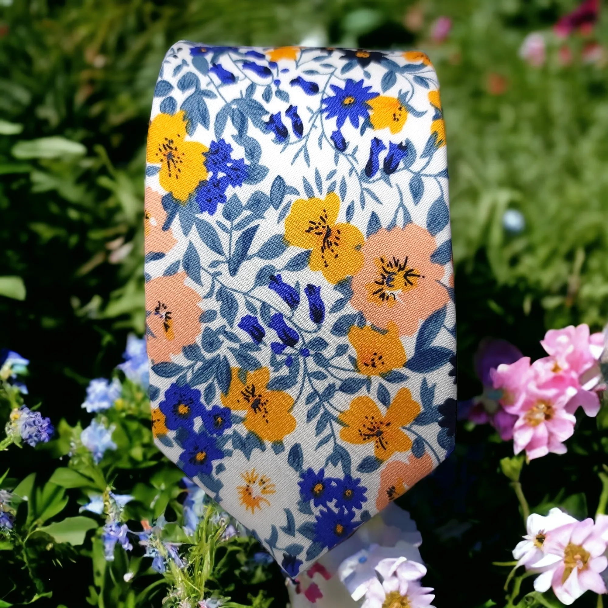 White Floral Pink Blue Leaf tie