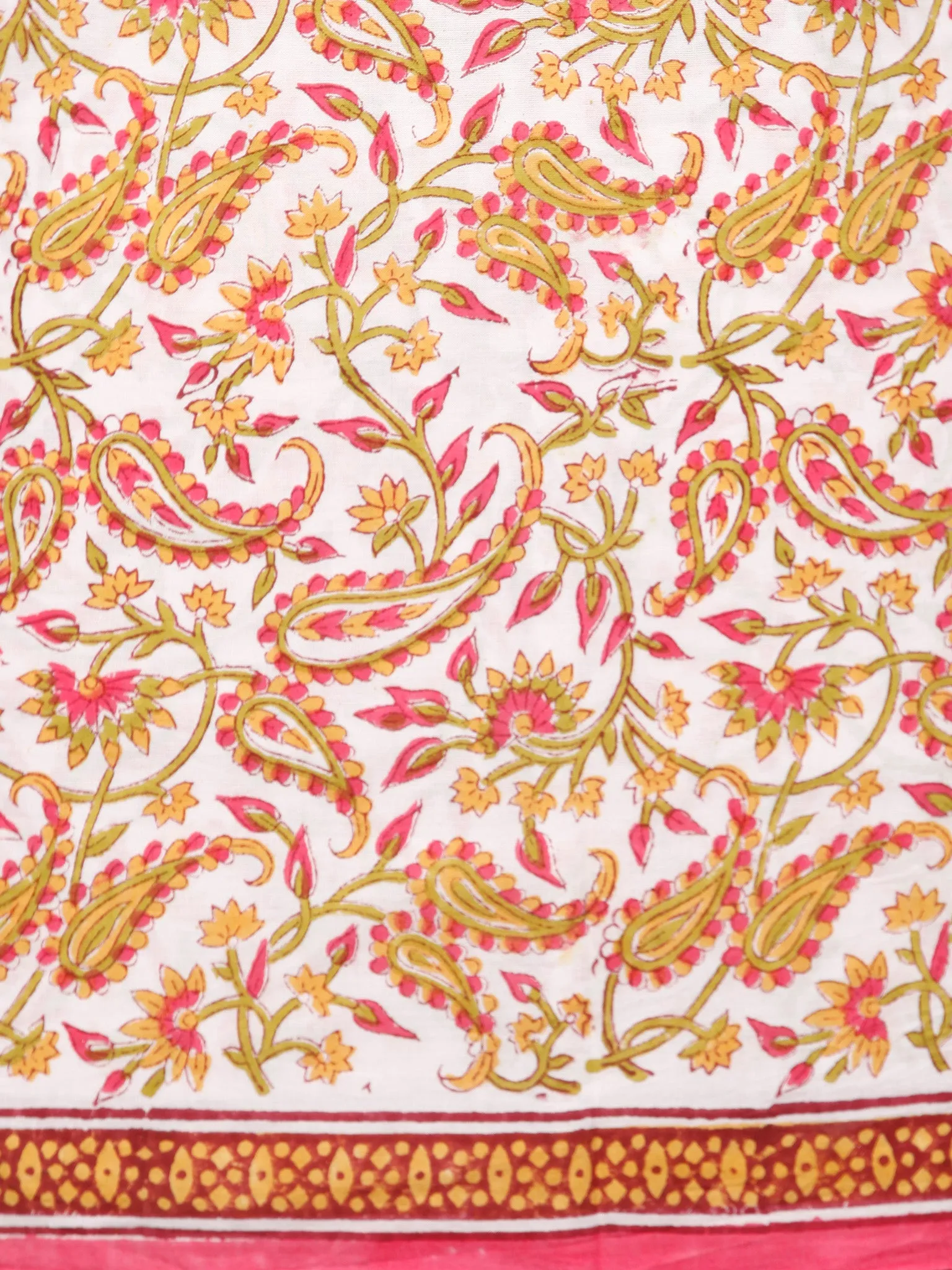 White Green Coral Hand Block Printed Cotton Suit-Salwar Fabric With Chiffon Dupatta (Set of 3) - SU01HB369