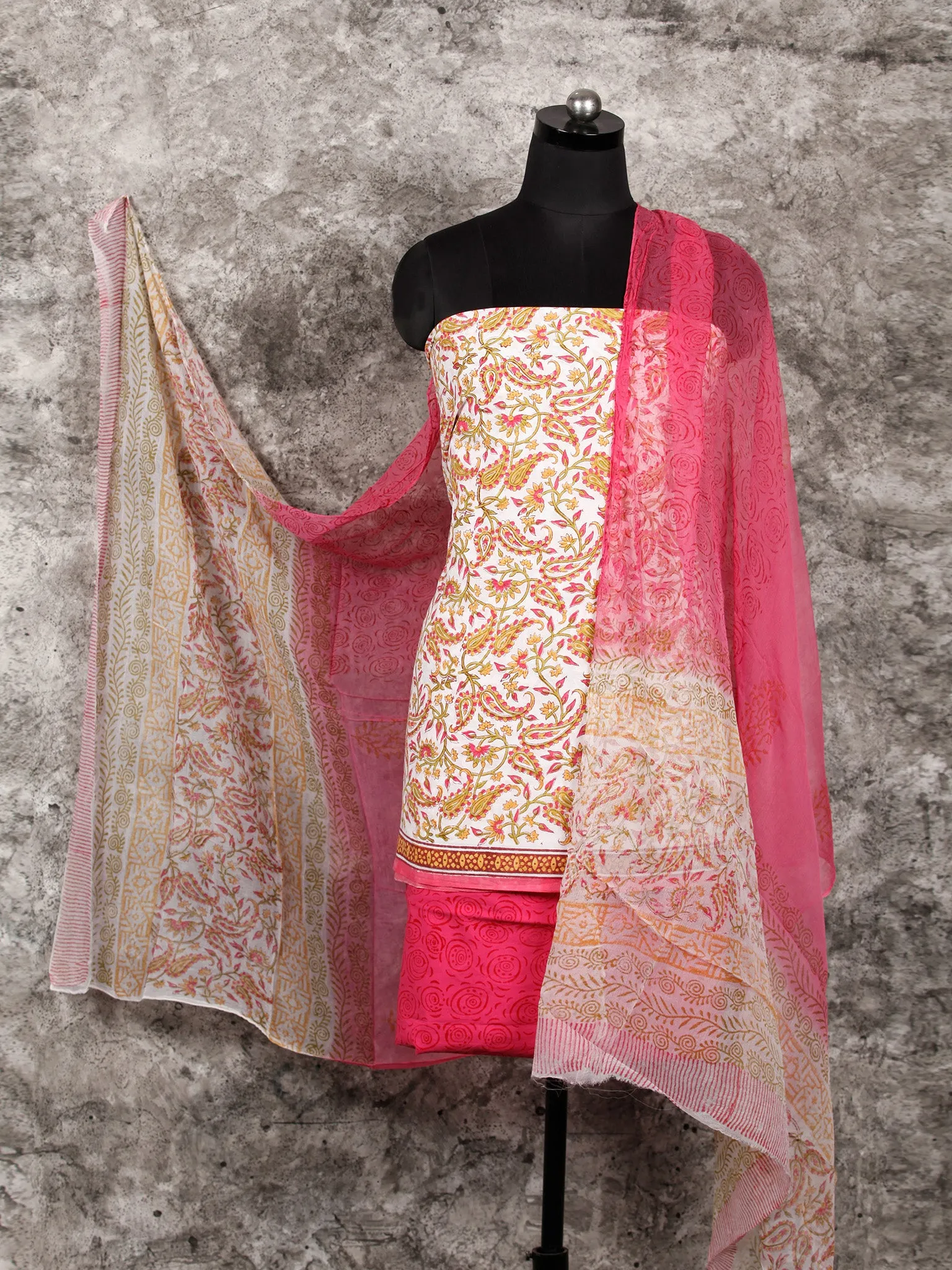 White Green Coral Hand Block Printed Cotton Suit-Salwar Fabric With Chiffon Dupatta (Set of 3) - SU01HB369