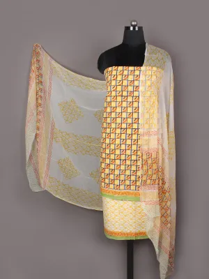 Yellow Orange Ivory Hand Block Printed Cotton Suit-Salwar Fabric With Chiffon Dupatta - S1628155
