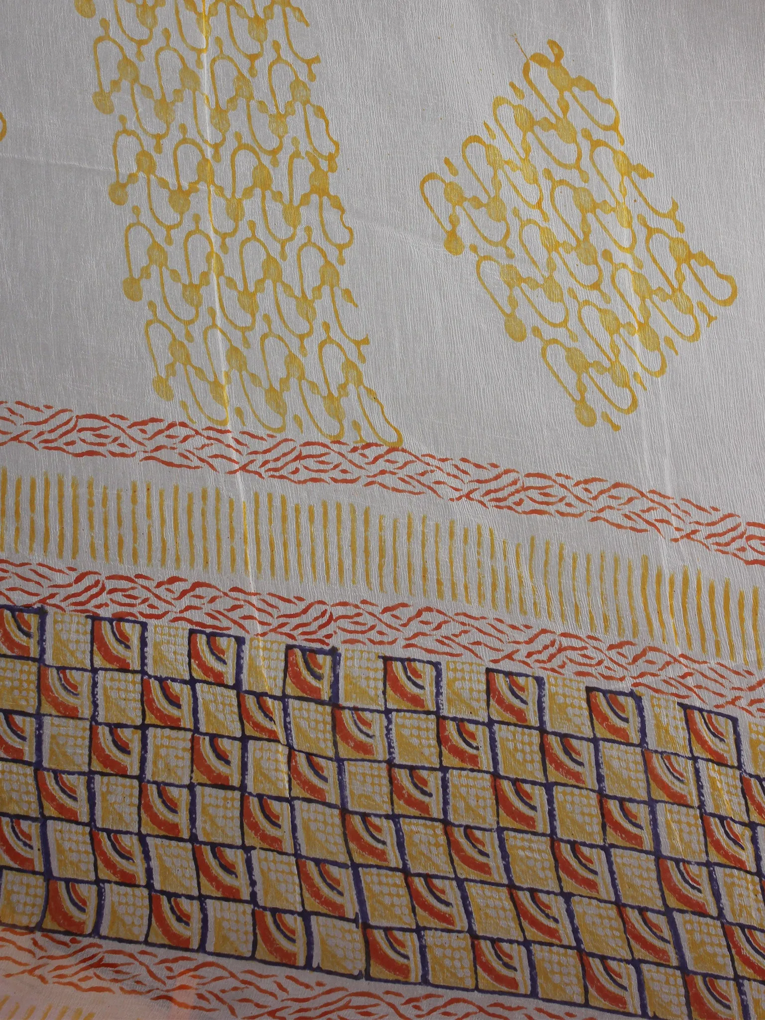 Yellow Orange Ivory Hand Block Printed Cotton Suit-Salwar Fabric With Chiffon Dupatta - S1628155